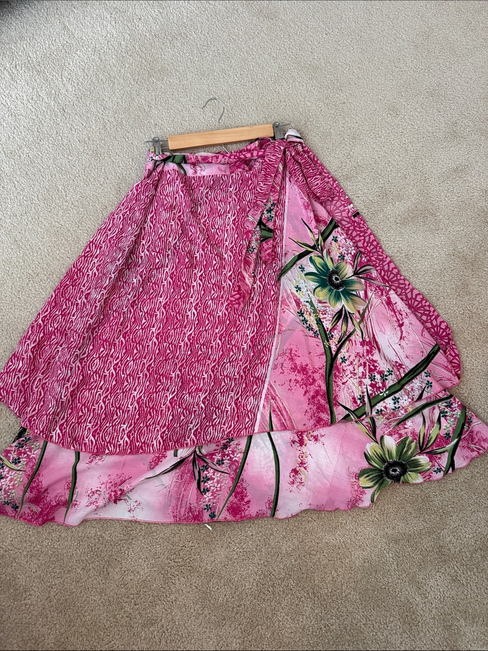 Pink Floral High-Low Wrap Skirt with Tie Waist
